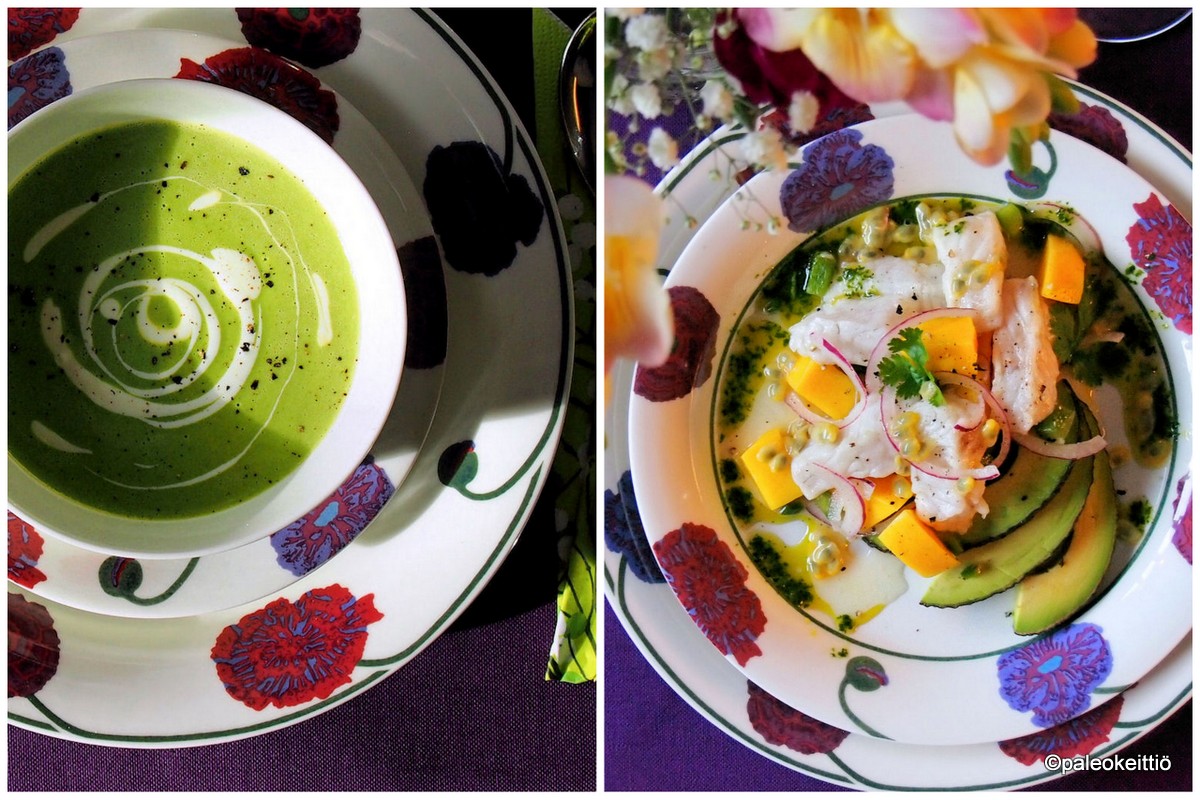 Kuohuvan tuore hernesosekeitto ja kuha-mangoceviche kevääseen