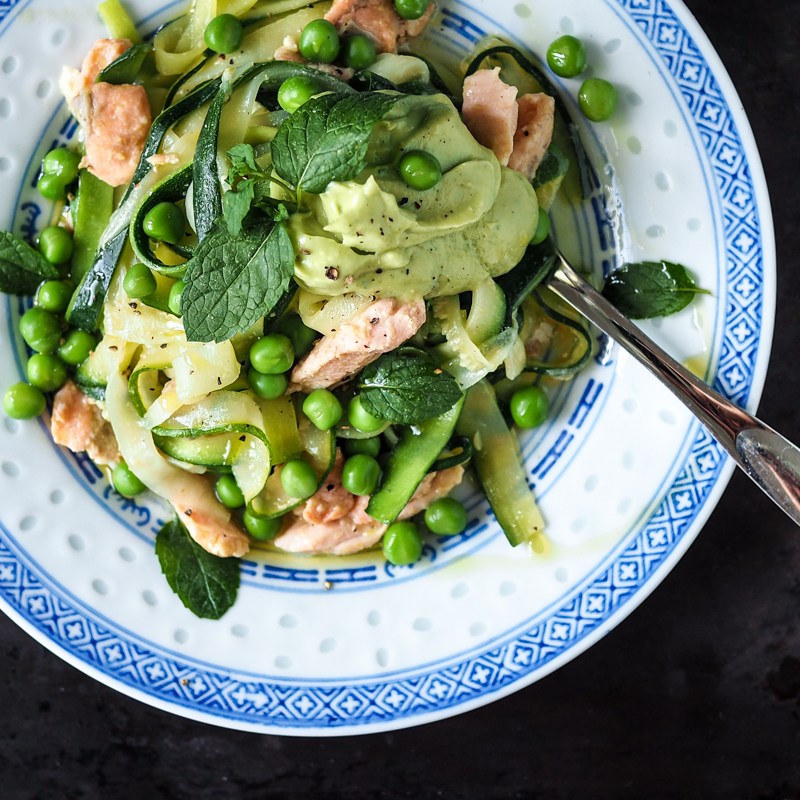 Sitruunainen kesäkurpitsa-lohipasta raikkaalla avokadokastikkeella