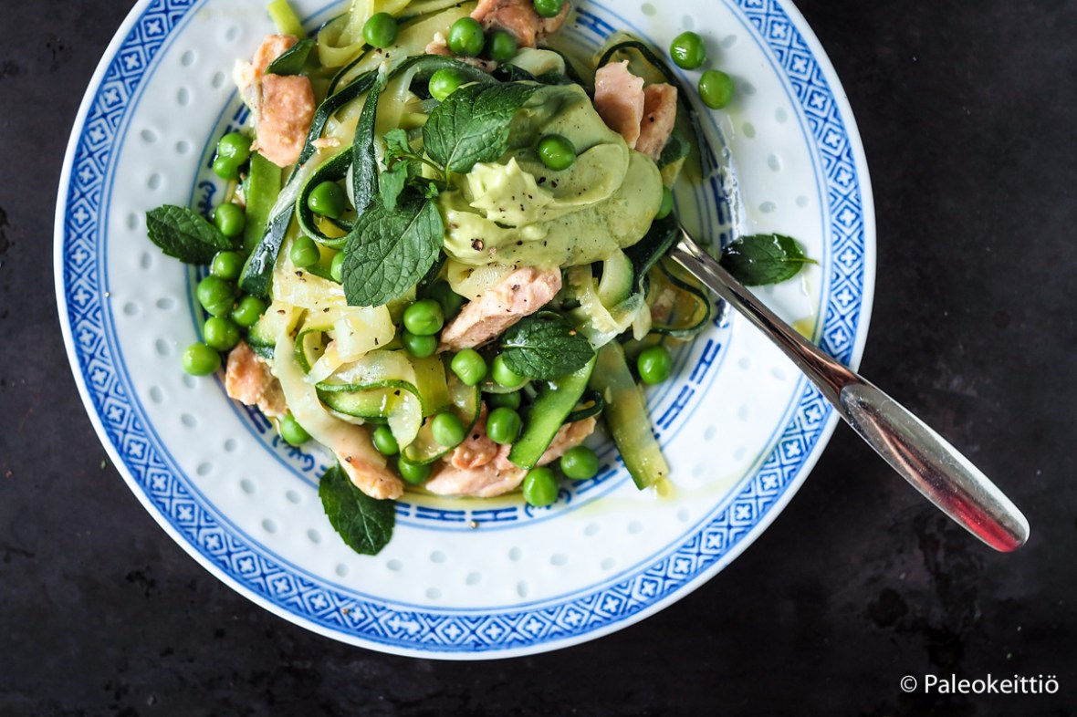 Sitruunainen kesäkurpitsa-lohipasta avokadokastikkeella | paleokeittio.fi