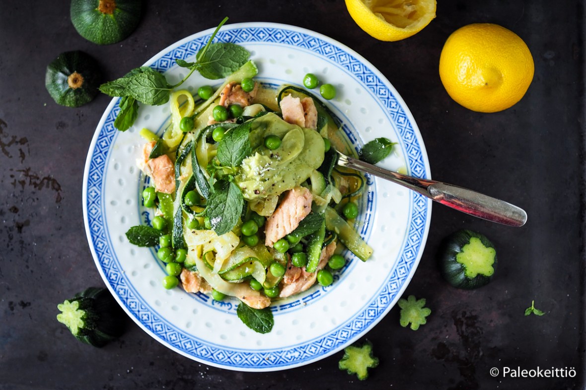 Sitruunainen kesäkurpitsa-lohipasta avokadokastikkeella | paleokeittio.fi